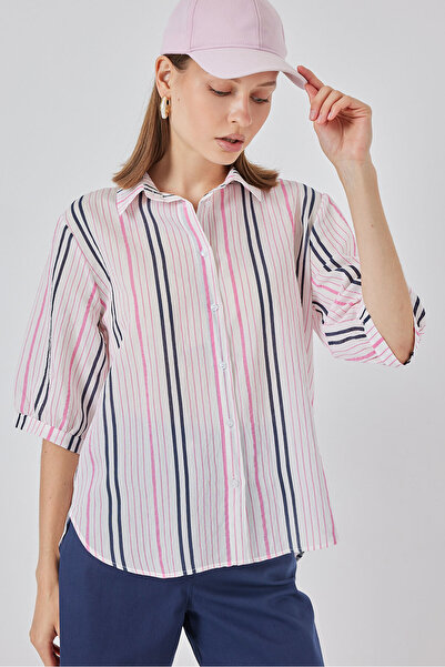 Bigdart Women's Striped Short Sleeve Shirt 20345 - Pink