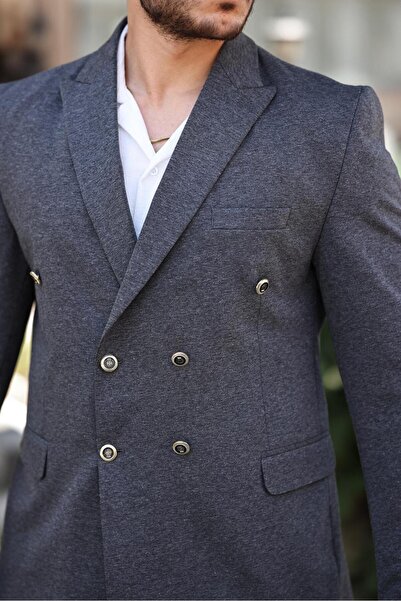 SABRİ ZENGİN Erkek Siyah Slim Fit Penye Kumaş Kruvaze Ceket