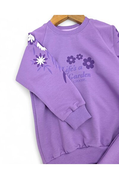 VOY KİDS Girl's Floral Printed Sweatshirt and Grass Green Sweatpants Seasonal Tracksuit Set for Ages 2-10