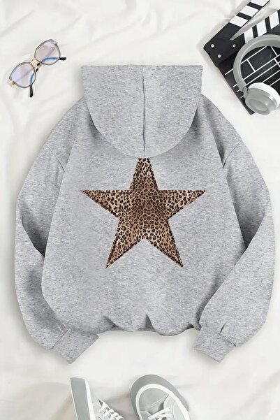 Oksit Leopar Stars Sırt Yıldız Baskılı İçi Pamuklu Unisex Sweatshirt
