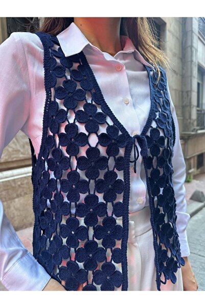 Hatun Atila Hatunatila Floral Patterned Acrylic Sweater Vest 5196 - Navy Blue