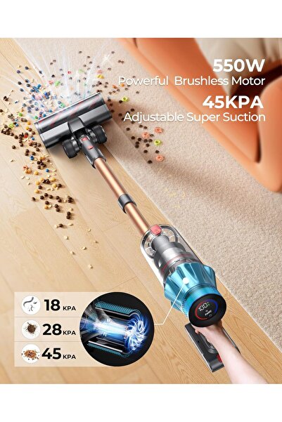 Fieety V7 cordless upright vacuum cleaner with 550W/45000 Pa battery, lighting system, 60 Minutes