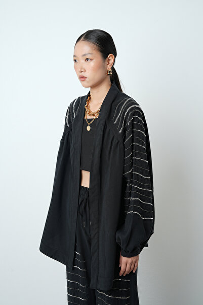 Orfeo Negro Women's Oversize Cut Kimono with Horizontal Stone Embroidery on the Back and Sleeves