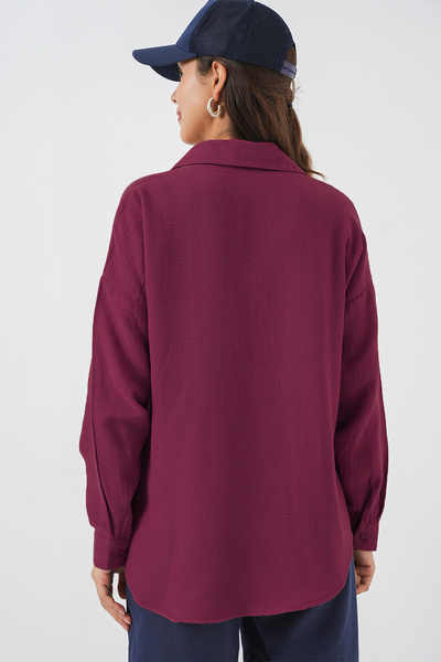 Bigdart 20153 Tek Cepli Oversize Keten Gömlek - Mürdüm