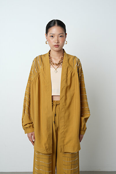 Orfeo Negro Women's Oversize Cut Kimono with Horizontal Stone Embroidery on the Back and Sleeves