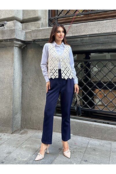 Hatun Atila Hatunatila Floral Patterned Acrylic Sweater Vest 5196 - Ecru