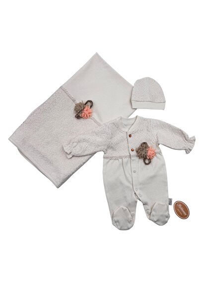 Baby day طقم استقبال مواليد بناتي 3 قطع قطن أبيض دانتيل مع وردات