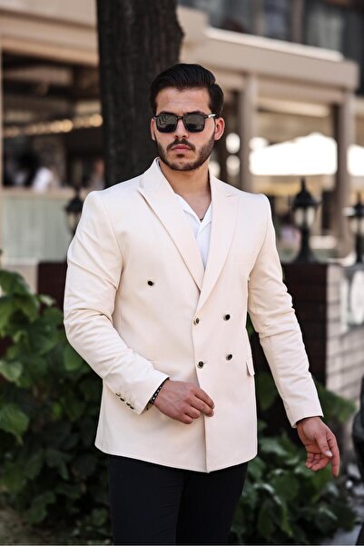 SABRİ ZENGİN Erkek Bej Slim Fit Penye Kumaş Kruvaze Ceket