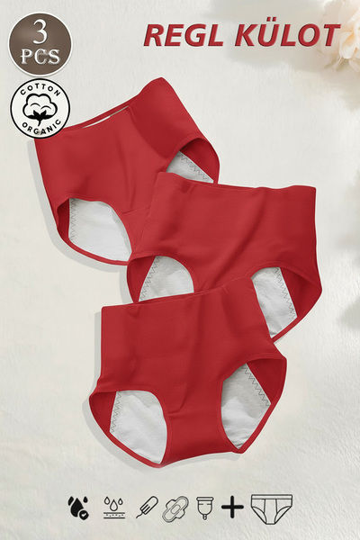 REYNEV 3-Pack Red Super Absorbent Ultra Hygienic Menstrual Panties, Effectively Leak-Proof Menstrual Panties for All-Day Use
