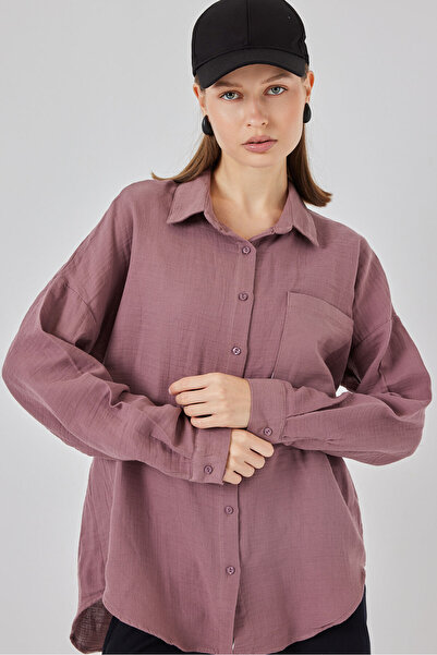 Bigdart Women's Single Pocket Oversize Muslin Shirt 20353 - Dark Lilac