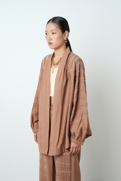 Orfeo Negro Women's Oversize Cut Kimono with Horizontal Stone Embroidery on the Back and Sleeves