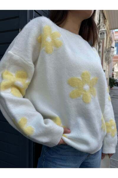 Hatun Atila Daisy Patterned Oversize Soft Textured Ribbed Knitwear Sweater 1150 - Ecru