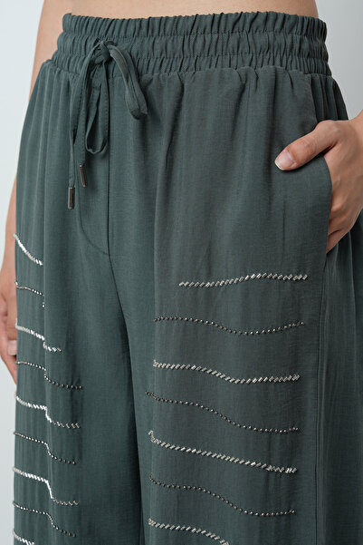 Orfeo Negro Women's Horizontal Stripe Stone Embroidered Solid Color Elastic Waist Wide Leg Pants