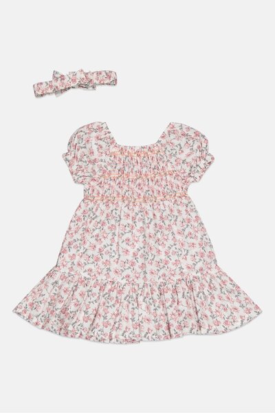 Willow & Whistle فستان مطبوع عليه زهور للبنات الصغار، قطعتين، مع رباط رأس، مت...
