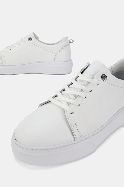 TUNAELLİ Men's White Khaki Natural Leather Sneaker Lace-Up Shoes