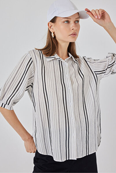 Bigdart Women's Striped Short Sleeve Shirt 20345 - Stone