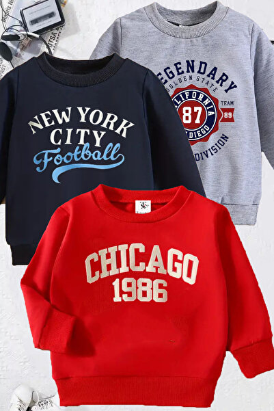 twins tailors Football Printed 3-Pack Unisex Grey-Navy Blue-Red Kids Sweatshirt