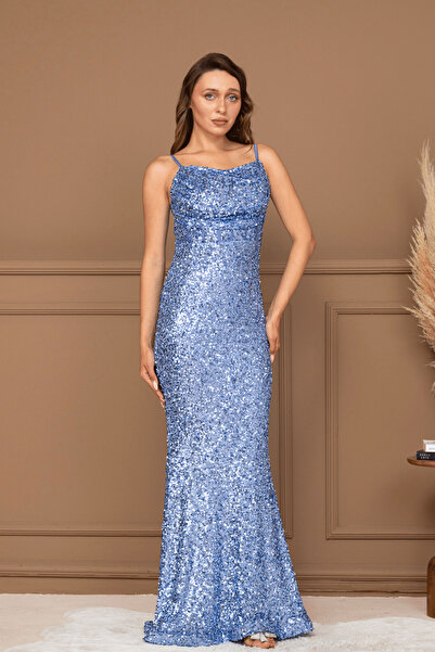 BEYBOS Μακρύ βραδινό φόρεμα με παγιέτες και λουράκι στο λαιμό - ΜΠΛΕ ΙΝΔΙΓΚΟ