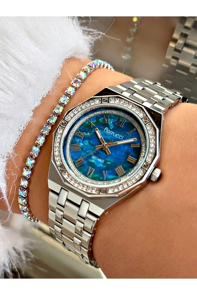 Ferrucci MAVİ KADRANLI ROMA RAKAMLI TAŞLI GÜMÜŞ KADIN METAL KOL SAATİ