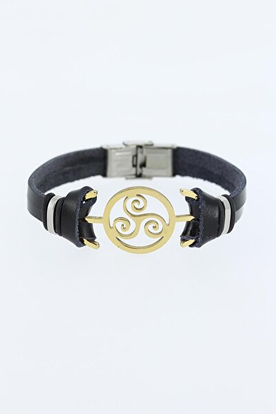 callerrons accessories Black Leather Men's Bracelet with Gold Color Metal Accessories - Ebj250902W37541