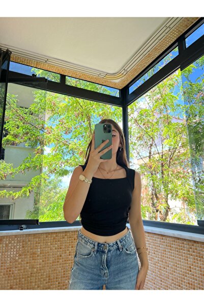 FOORS Bluză neagră tricotaj cu striații pentru femei decolteu pătrat cu brete...