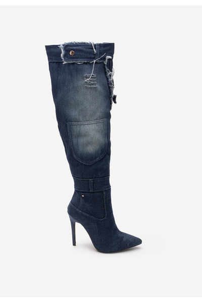 B T Shoes Denim vysoké kozačky na jehlovém podpatku Siris