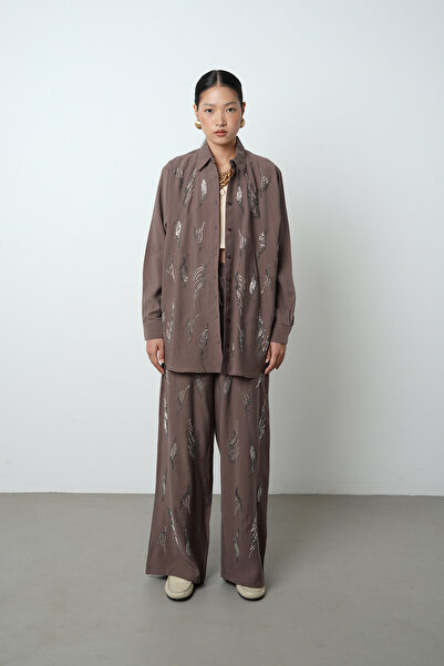 Orfeo Negro Women's Solid Color Oversize Shirt with Stone Embroidery on the Front