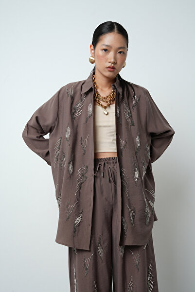 Orfeo Negro Women's Solid Color Oversize Shirt with Stone Embroidery on the Front