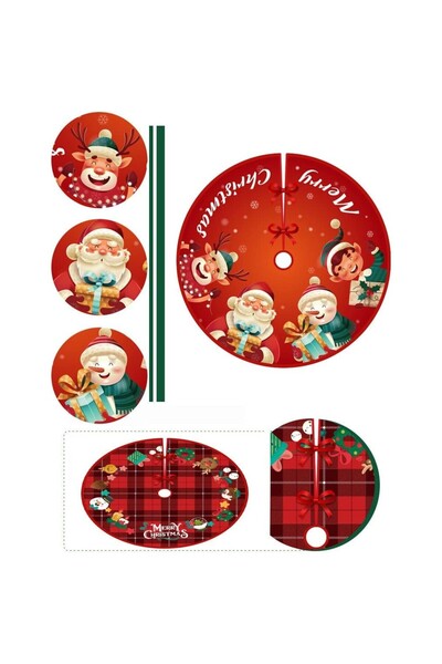 Bibilel Christmas Tree Skirt, Plush Fabric with Ties, Santa & Helpers Design, Red, 90 cm
