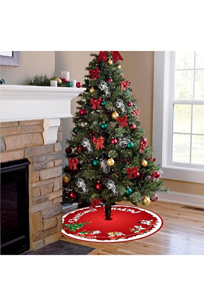 Bibilel Christmas Tree Mat, Plush Fabric, Fastening Bows, Santa's Sleigh Design, Red, 90 cm Diameter