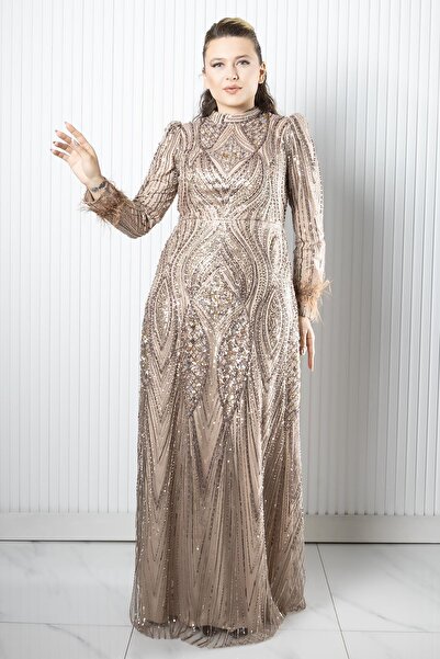 SUBU TASARIM Stone Sequin Embroidered Evening Dress Beige Tbsahn270