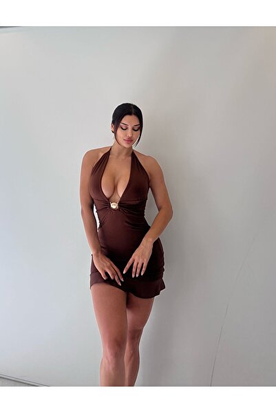 pink life Кафява лента за коса и мини рокля с дълбоко деколте