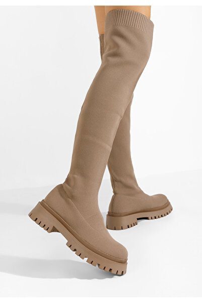 B T Shoes Khaki vysoké kozačky na plochém podpatku Xena