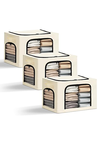 Flippy Storage Box, Flippy, with 3 Windows with Two-Way Zipper, Waterproof, 38L, 42 x 30 x 30 cm, Beige