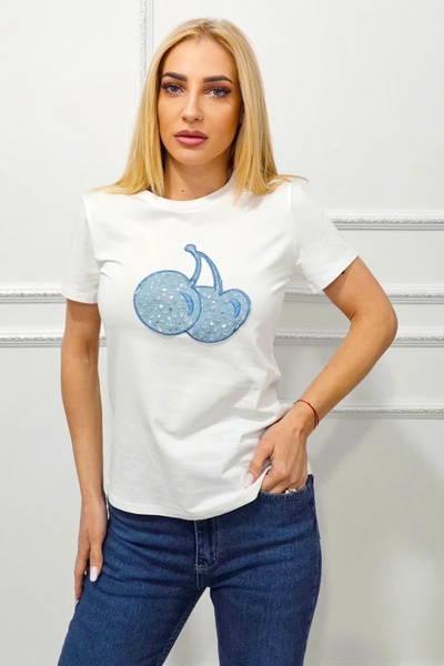 FashionForYou AMOO cotton T-shirt, with embossed print and sequins, Blue Cherry WHITE, S/M