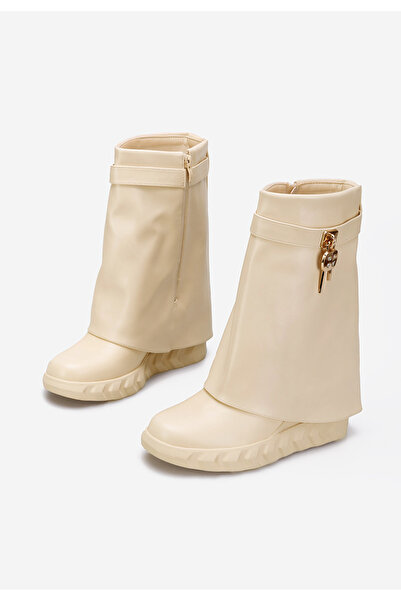 B T Shoes Béžové kozačky na klínku Serena