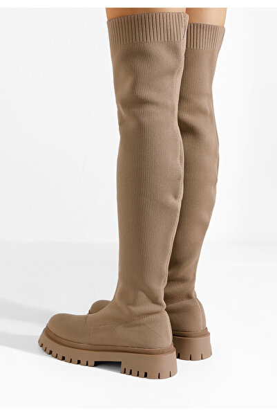 B T Shoes Khaki vysoké kozačky na plochém podpatku Xena