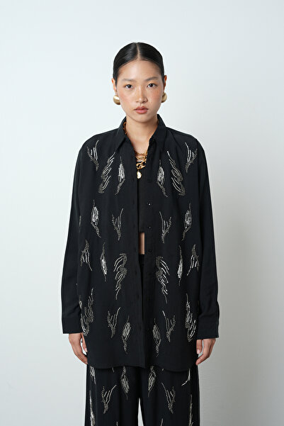 Orfeo Negro Women's Solid Color Oversize Shirt with Stone Embroidery on the Front