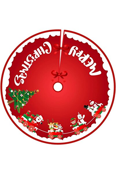 Bibilel Christmas Tree Mat, Plush Fabric, Fastening Bows, Santa's Sleigh Design, Red, 90 cm Diameter