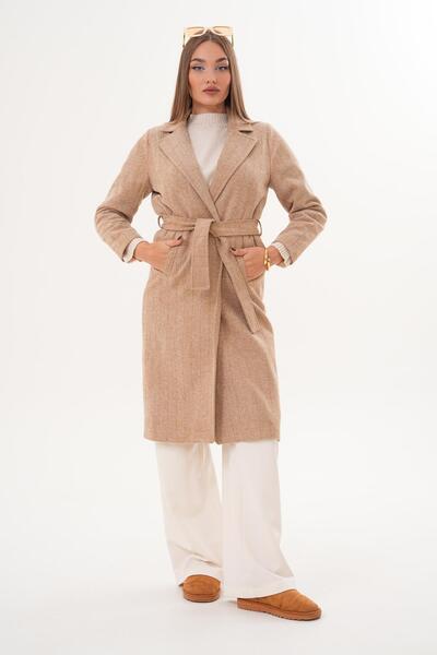 ŞİMAL Kadın Balıksırtı Desenli Kuşaklı Kaşe Kaban 255127 -