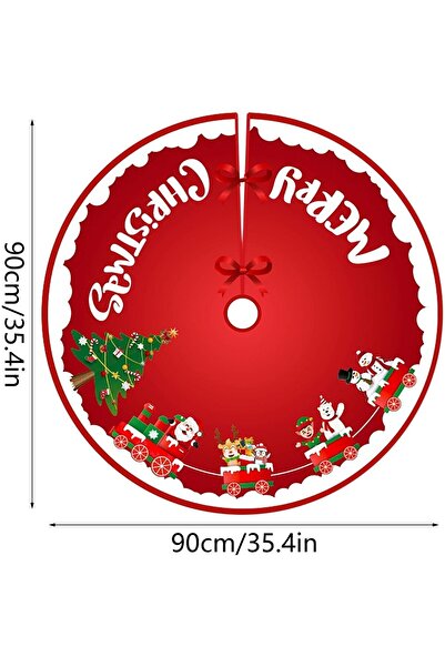 Bibilel Christmas Tree Mat, Plush Fabric, Fastening Bows, Santa's Sleigh Design, Red, 90 cm Diameter