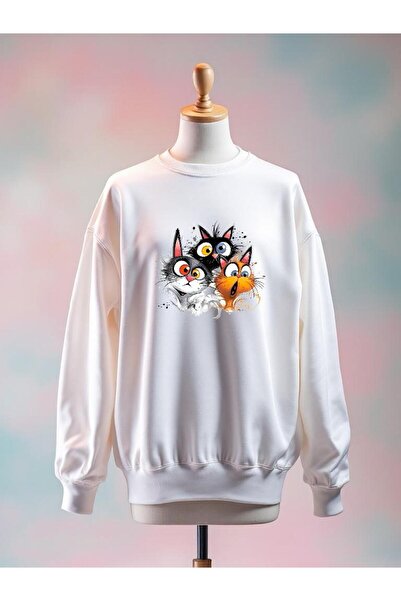 Vordevia سويت شيرت أبيض كبير الحجم مصنوع من القطن بطبعة قطة و3 خيوط