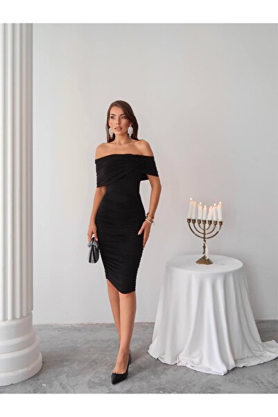 Modafeminen Sendy Midi Length Dress with Shirred Degaje Collar 583279 Black