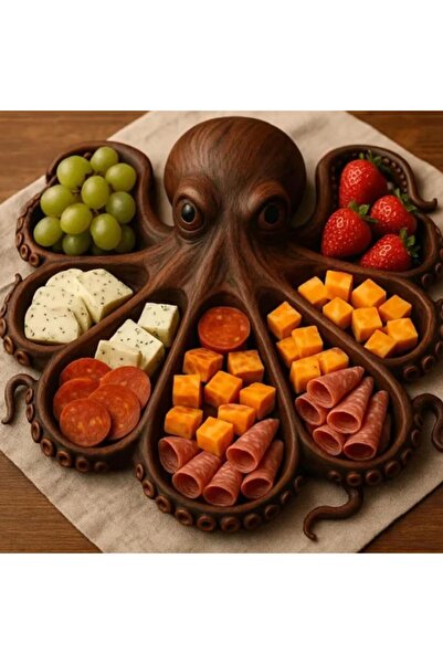 Flippy Serving Platter, Flippy, Octopus, 8 Compartments, Solid Wood, 26 x 25 x 3 cm, Dark Brown