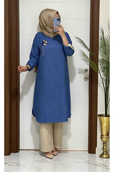 MODA ALMİRA 7750 K35 İNDİGO BROŞ HEDİYELİ TUNİK