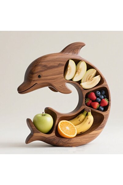 Flippy Serving Tray, Flippy, Dolphin, 4 Compartments, Solid Wood, 26 x 25 x 4 cm, Natural Brown