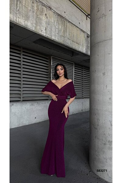 Modafeminen Esnek Kumaş Balık Kesim Kemerli Abiye Ve Mezuniyet Elbisesi Mor 583271