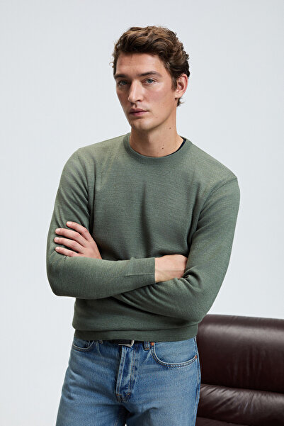 GRIMELANGE Varex Men's Round Neck Basic Regular Fit Knitwear Khaki Sweater
