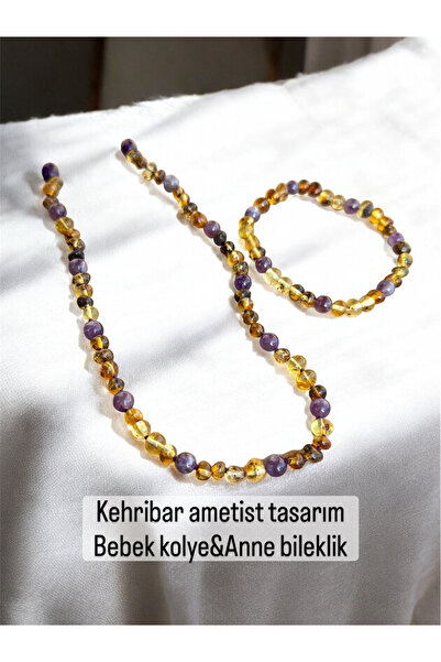Kehribarkolyecimm Fosilli kehribar&Ametist kombin bebek kolye Anne bileklik