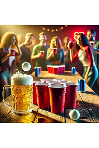 Flippy BEER PONG Game, Flippy, 12 Tennis Balls and 12 Reusable Cups, Blue Red